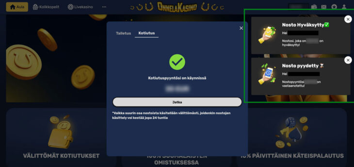 Onnela Kasino kotiutus