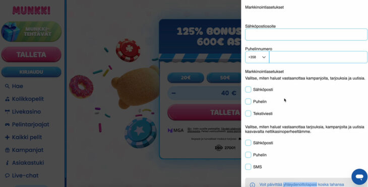 Yhteystietojen antaminen Munkkikasinolle